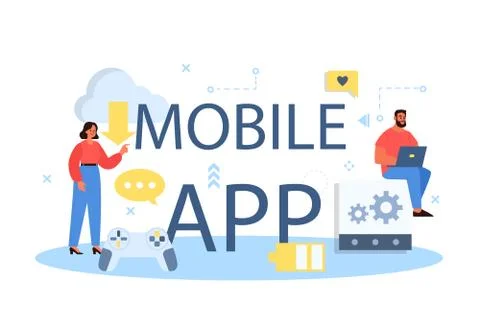 Mobile app typographic header. Modern technology and smartphone Stock Illustration