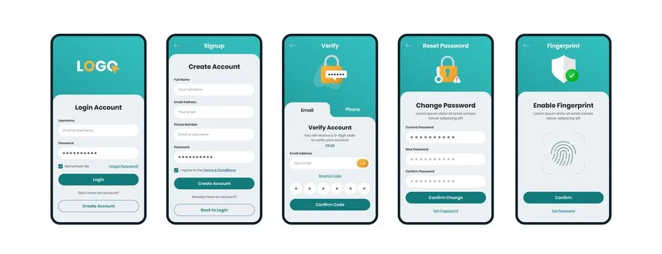 Mobile App UI Kit for Login, Signup, Verification, Password Reset Stockillustratie