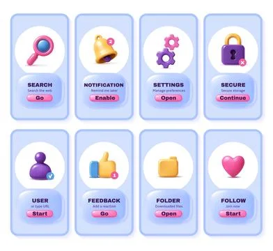 Mobile app ui screens 3d icons. Cartoon phone application asset, app navigation Stock Illustration