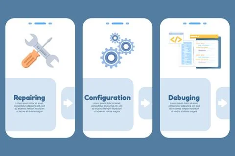 Mobile app UI template showing fixed debugging onboarding screens Stockillustratie