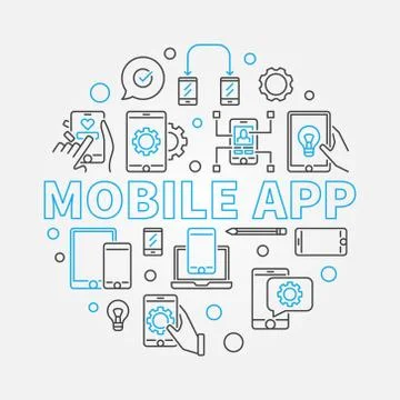 Mobile App vector circular illustration with phone outline icons Stock Illustration