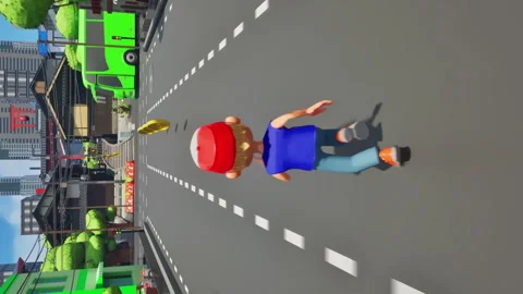 Mobile App Vertical Video Runner Guy Takes Coins And Dodges Bus To Finish Level Stock Footage 252489392