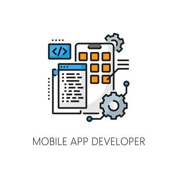 Mobile app, web development IT vacancy line icon Illustrazione stock