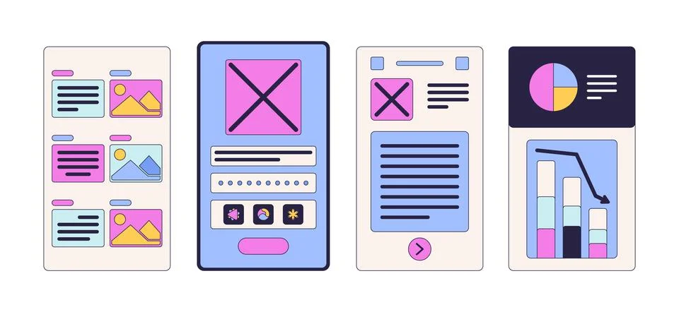 Mobile app wireframes and UI layout 2D cartoon clip art set Stock Illustration