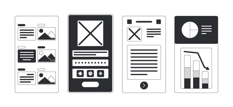 Mobile app wireframes and UI layout black and white cartoon clipart set Stock Illustration