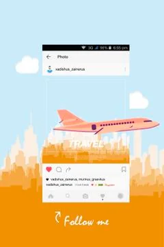 Mobile application and plane flying over the city. Ilustração Stock