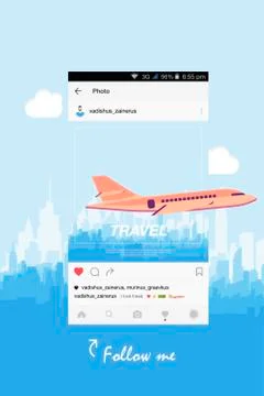 Mobile application and plane flying over the city. Ilustração Stock