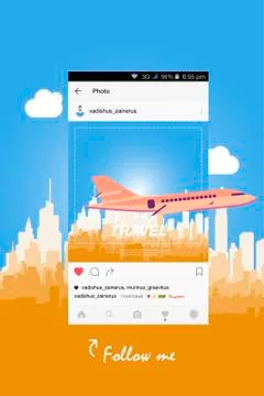 Mobile application and plane flying over the city. Ilustração Stock