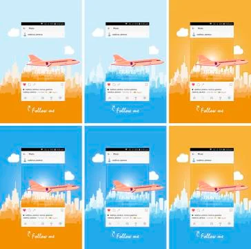 Mobile application and plane flying over the city. Ilustração Stock