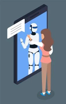 Mobile application, artificial intelligence, woman chatting with chat bot, help Stock Illustration