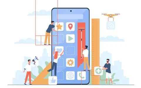 Mobile application build. UI designers and programmers group create new phone Stockillustratie
