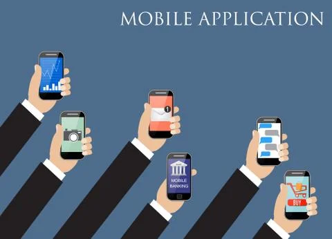 Mobile application concept. Hands holding phones. Illustrazione stock