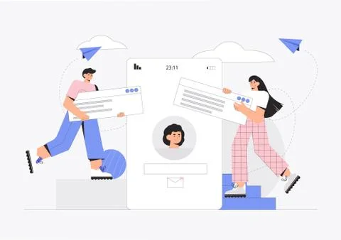 Mobile application concept for online communication, chat, conference. Man and Stock Illustration