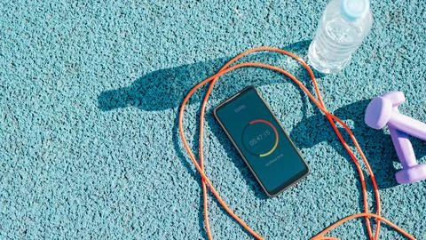 Mobile application to control workout time on smartphone screen, jump rope,.. Stockfoto's