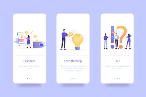 Mobile application design template set for Cashback, Crowdfunding and FAQ. UI Stock Illustration