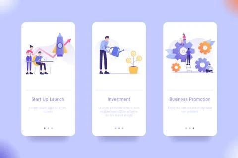 Mobile application design template set for Start Up Launch, Investment and Bu Stock Illustration