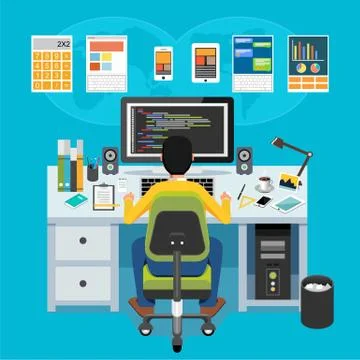 Mobile application developer. Programmer working on computer. Stock-Illustration