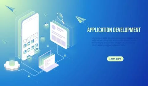 Mobile Application Development and UI UX design layout, programmer coding Stock Illustration