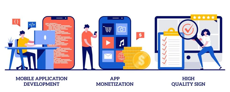 Mobile application development, app monetization, high quality sign concept.. Illustrazione stock