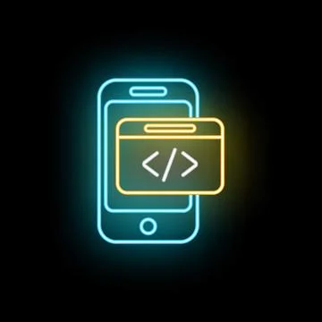 Mobile application development coding neon light icon Stock Illustration