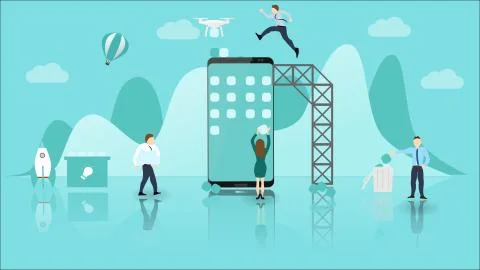 Mobile Application Development Concept with Big Phone and Little People. Expe 스톡 일러스트