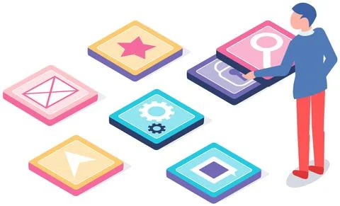 Mobile application development concept, designer and developer using buttons Stock Illustration
