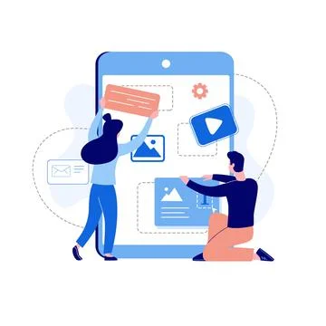Mobile application development concept. Social network. Landing page template Stock Illustration