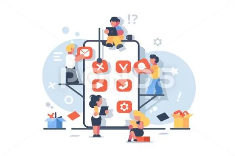 Mobile application development creative design. Stock Illustration