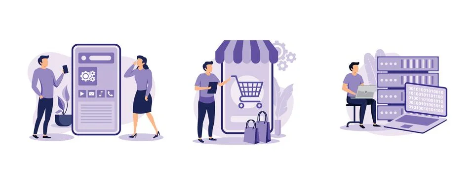 Mobile application development, ecommerce app, big data management software, Stock Illustration