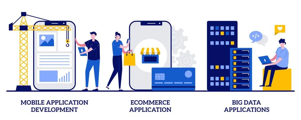 Mobile application development, ecommerce app, big data concept with tiny p.. Stockillustratie