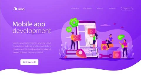 Mobile application development landing page template 스톡 일러스트