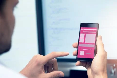 Mobile application development - programmer with smartphone in hand Stock Photos