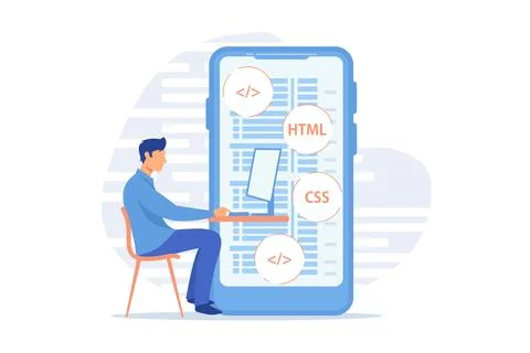 Mobile application development. Programming languages. CSS, HTML, IT, UI. M.. Stock Illustration