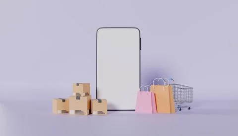 Mobile application e-commerce, Smartphone with carton paper box and shopping Stock Illustration