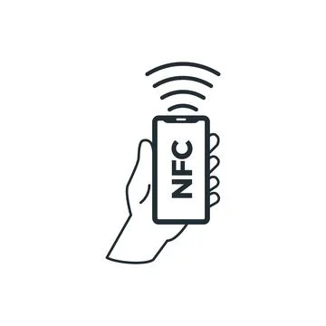 Mobile application enabled NFC wireless payments, black line vector isolated. Stock Illustration