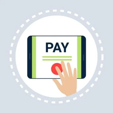 Mobile application finger push pay button online shopping icon concept flat Stockillustratie