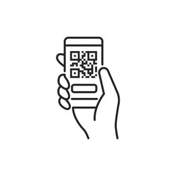 Mobile application, QR code scanning in smartphone black line icon. City tran 스톡 일러스트