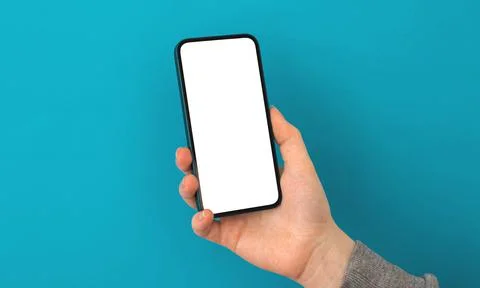 Mobile application screen mockup, person uses smartphone on a pastel backgrou Stock Photos