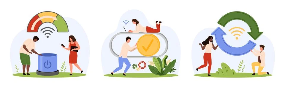 Mobile application settings, software update, reload and control by tiny people Stock Illustration