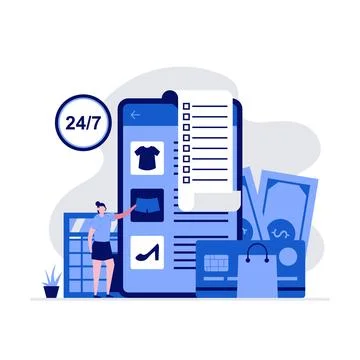 Mobile application, shopping online concept with characters using smartphon.. Stock Illustration