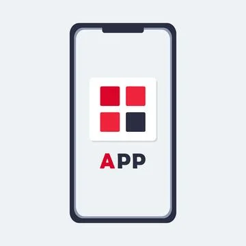 Mobile application on a smartphone. The app logo on the phone is 4 squares Stock Illustration