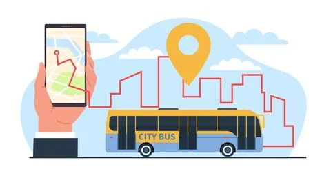 Mobile application on smartphone to track bus routes on city map. Cartoon flat Illustrazione stock