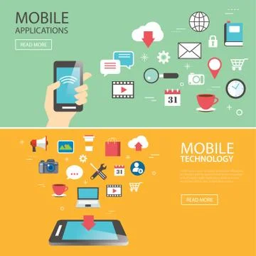 Mobile application technology banner template flat design Stock Illustration