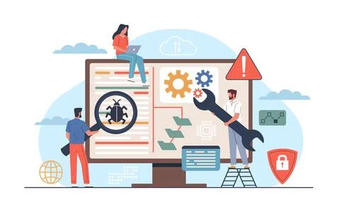 Mobile application testers. Finding and correcting errors in software, checking Stock Illustration