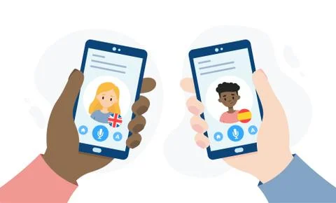 Mobile application for translating foreign languages. Hands holding smartphones. Stock Illustration