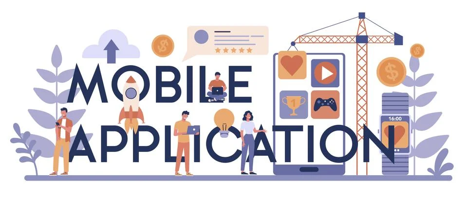 Mobile application typographic header concept. Modern technology Illustrazione stock