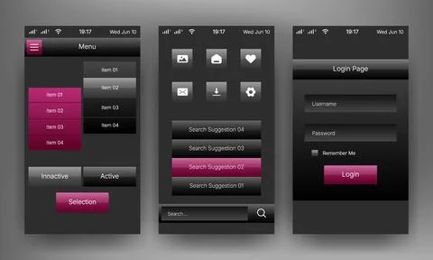 Mobile application user interface kit with login page and navigation menu Stock Illustration