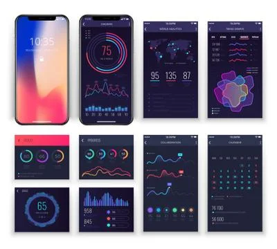 Mobile application ux interfaces vector templates with charts and diagrams 스톡 일러스트