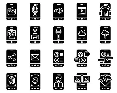 Mobile application vector icon set, solid stye Stock Illustration