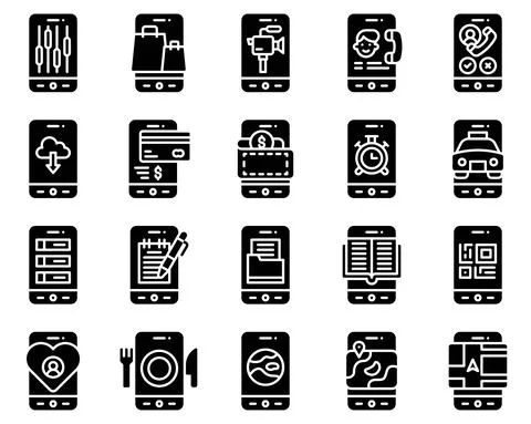Mobile application vector icon set 2, solid stye Stock Illustration